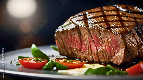 A cut of steak for advertising, the cut is mostly cooked, but a little room is left for live meat.