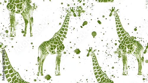 Green giraffe pattern with splatter effect on a white background