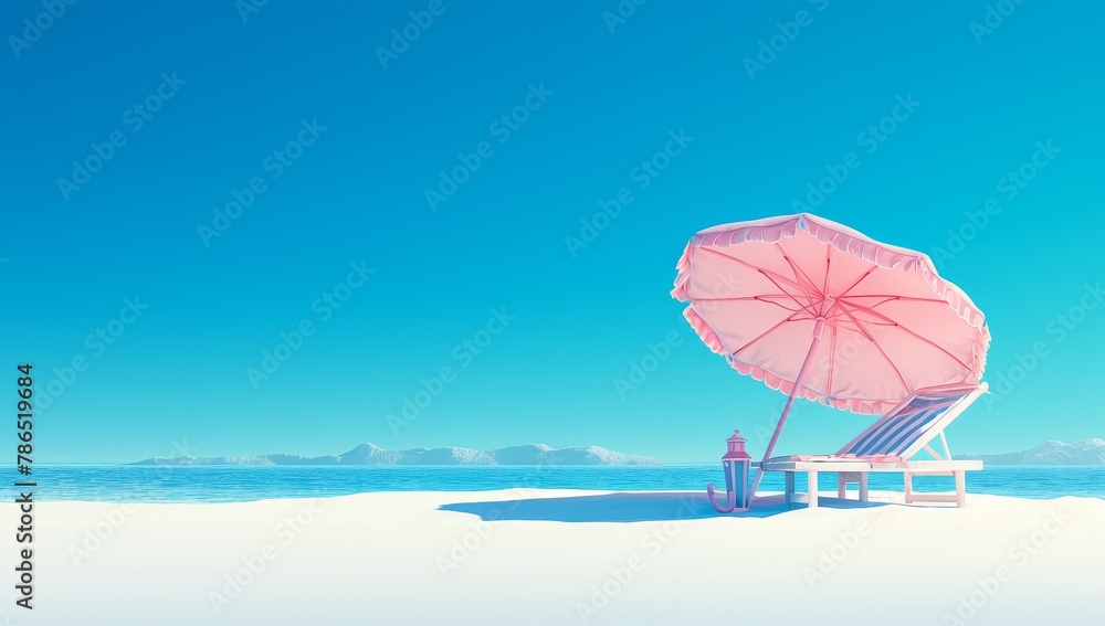 Pastel pink beach umbrella and chair on white sand with blue sky background. summer vacation concept. 
