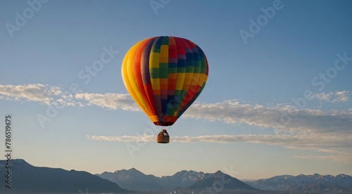 A colorful hot air balloon floating in the sky with mountains in the background.