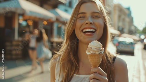 Happy women eating ice cream walking on city street 
