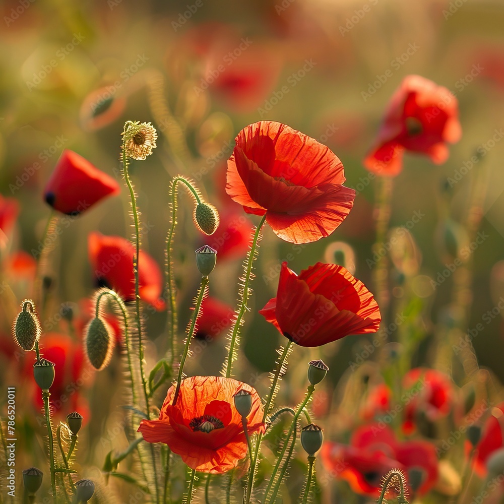 Obraz premium poppy flowers in summer, In remember of military veteran and Happy memorial day Celebration 
