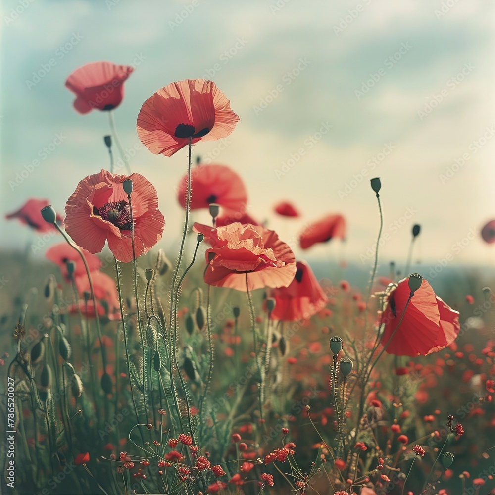 Fototapeta premium poppy flowers in summer, In remember of military veteran and Happy memorial day Celebration 