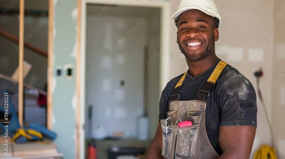 Homeowner smiling while renovating his home with a tool belt Homeowner smiling while renovating his home with a tool belt