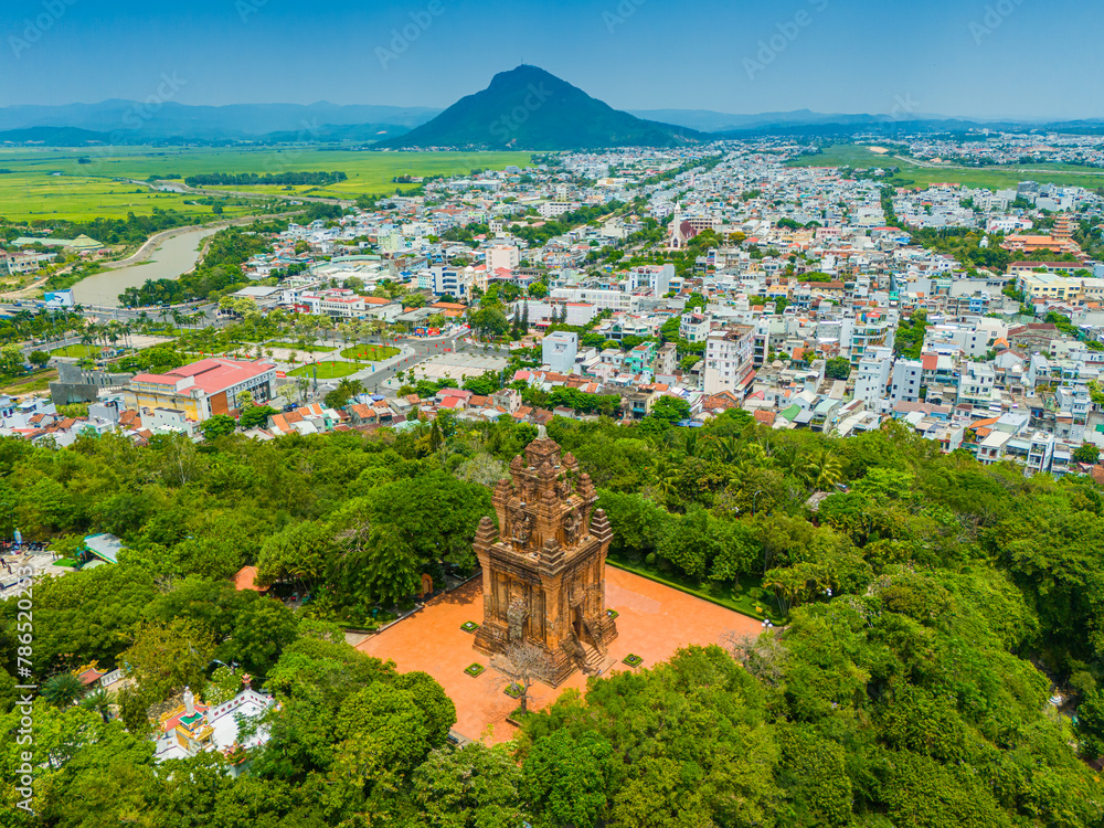 Aerial view of Nhan temple, tower is an artistic architectural work of Champa people in Tuy Hoa city, Phu Yen province, Vietnam Aerial view of Nhan temple, tower is an artistic architectural work of Champa people in Tuy Hoa city, Phu Yen province, Vietnam