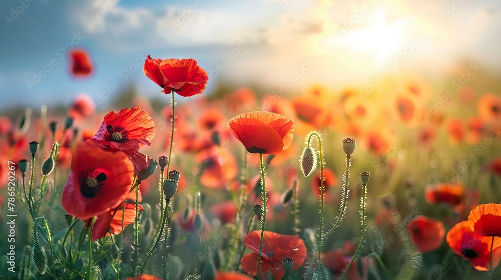 Obraz premium poppy flowers in summer, In remember of military veteran and Happy memorial day Celebration 