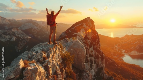 Male hiker climbing the mountain - Strong hiker with hands up standing on the top of the cliff enjoying sunset view 