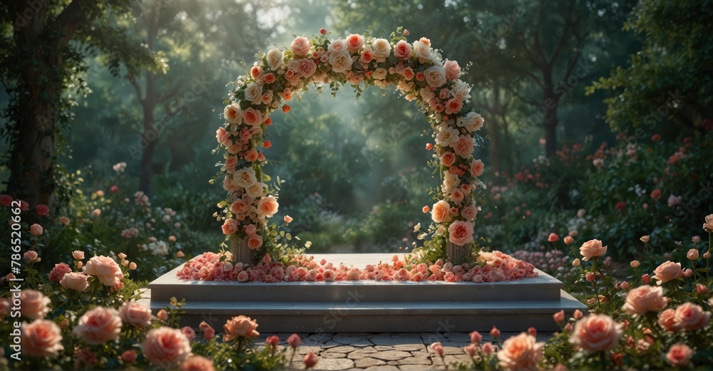 Obraz premium Summer garden podium adorned with roses, offering an elegant display for cosmetic products amidst a floral scene evoking romance and beauty