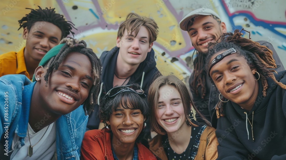 Obraz premium Multiracial best friends having fun outside - Group of young people smiling at camera outdoors - Friendship concept with guys and girls hanging out on city street