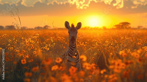 Africa Orange Little Baby Zebra Sunrise. Bloom Flower Grass With Morning Back-light on the Meadow Field with Zebra - Generative AI photo