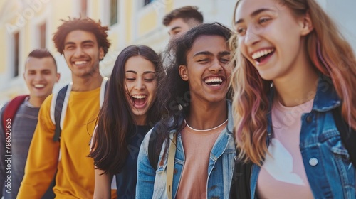 Multicultural young people having fun walking on city street - Happy friends group talking and laughing out loud - University student enjoying time together in college campus - Life style concept 