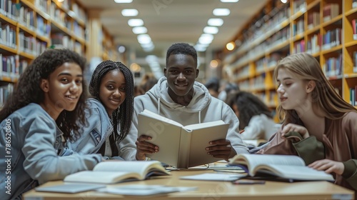Multiracial university students sitting together at table with books and laptop - Happy young people doing group study in high school library - Life style concept with guys and girls in college campus photo