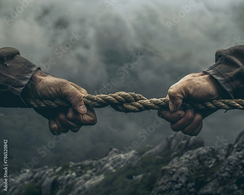 Hands desperately clutching a fraying rope over a precipice, symbolizing the tense grip on sanity amidst personal and professional crises photo