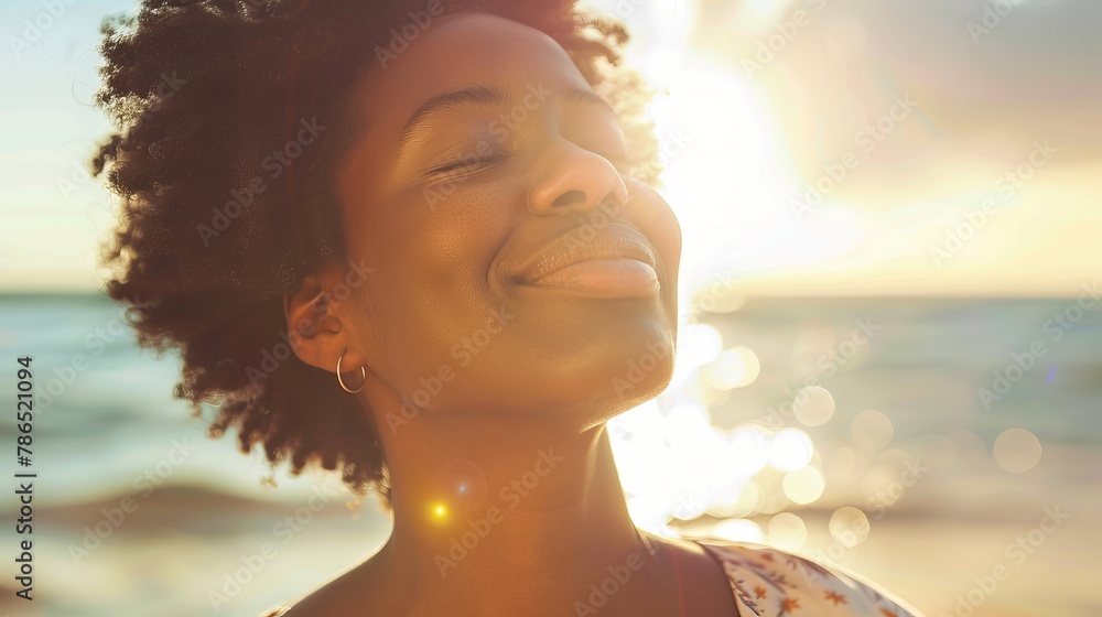 Peaceful black woman enjoying sun light at the beach - Beautiful female breathing fresh air outside 