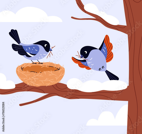 Birds building nest vector illustration