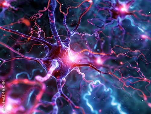 Neuron cells within a neural network as viewed under a microscope, illustrating the intricate science of neuro research. Complex systems that govern brain functions and neural communications