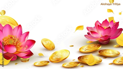  illustration of Akshaya Tritiya celebration with a golden kalash, gold coins on decorated background.Vector