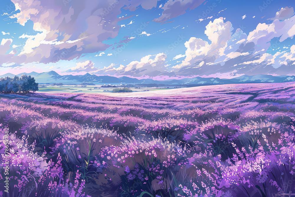 Illustration of lavender field with a view in the morning. Colorful and minimal anime aesthetics style. AI Generative. Illustration of lavender field with a view in the morning. Colorful and minimal anime aesthetics style. AI Generative.