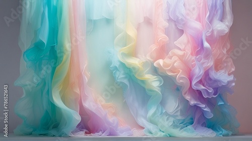 A visually stunning abstract wall adorned with an array of The vibrant tulle fabric in a vibrant pastel colors creatively folds & flowing on the polish floor creating a sense of calmness and elegance.