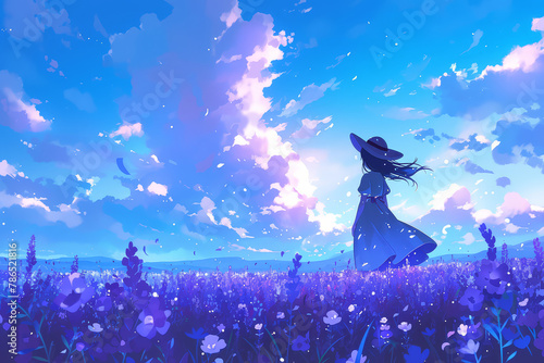 Illustration of lavender field with a view in the morning. Colorful and minimal anime aesthetics style. AI Generative.