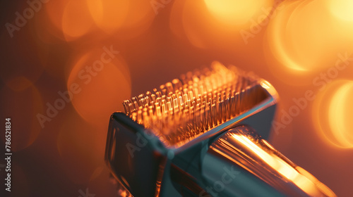 Close-up of a derma roller at the golden hour, with sunlight casting a warm glow over its metallic surface, highlighting the beauty of skin care. photo