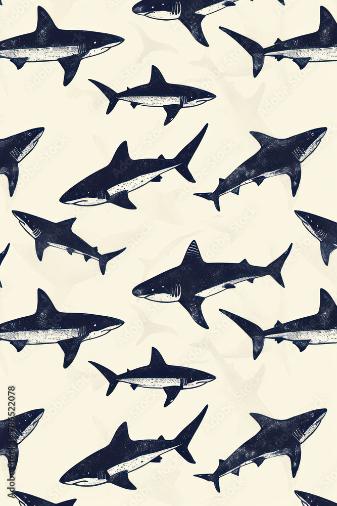 Fototapeta premium seamless graphic vector of the illustration of many blue sharks swimming under the water on plain white background 