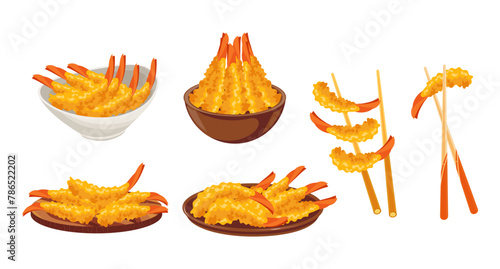 Set of fried shrimp or Tempura shrimp on chopsticks and plates isolated on white background. Collection of cliparts. Vector