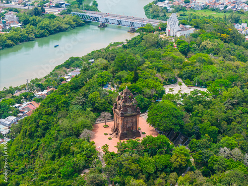 Aerial view of Nhan temple, tower is an artistic architectural work of Champa people in Tuy Hoa city, Phu Yen province, Vietnam