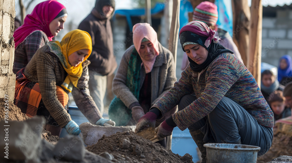 Refugees and locals working side by side to rebuild a community. Happiness, love, health, tolerance
