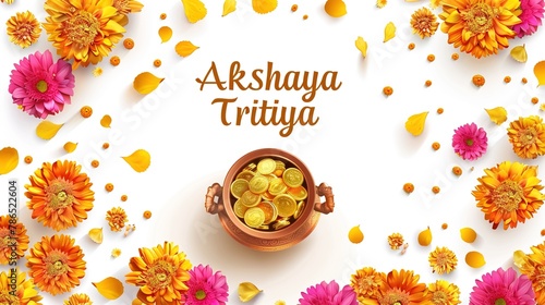  illustration of Akshaya Tritiya celebration with a golden kalash, gold coins on decorated background.Vector