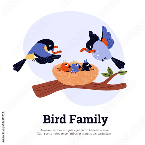 Bright birds feeding their chicks. Advertising flyer.