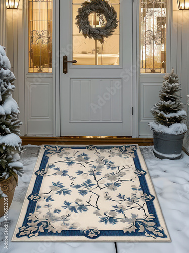 white rug with blue flowers pattern rustic vintage modern  design entry way photo