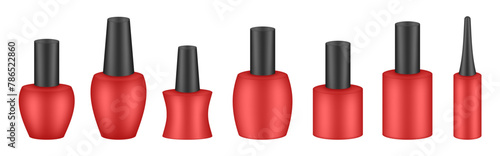 UV gel nail polish bottles. Set of black and red bottles. Nail laquer or uv gel. Realistic packaging mockup. Manicure kit	
