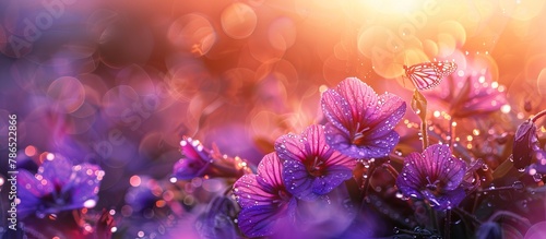 delicate violet flowers in drops of dew and butterflies against the background of sunrise 