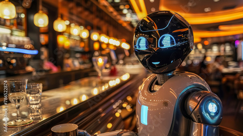 Futuristic robot waiter helps in customer service in modern cozy cafe. The robot is holding empty cup. Cozy atmosphere, blurred background with bokeh.