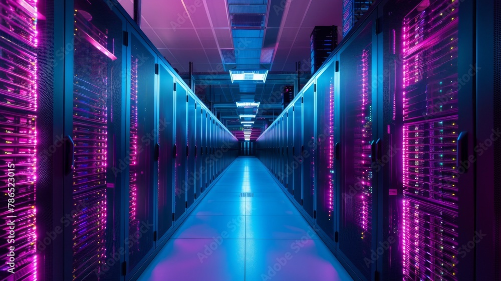 Fototapeta premium Neon Lit Data Center Corridor