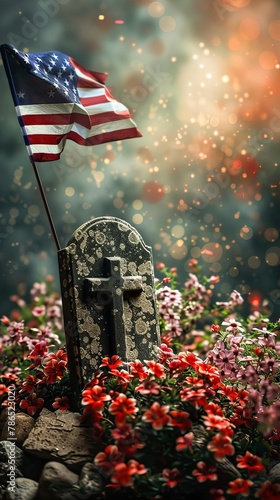 Field of American Flags besides tombstone on Memorial Day. In remember of military veteran and Happy memorial day Celebration