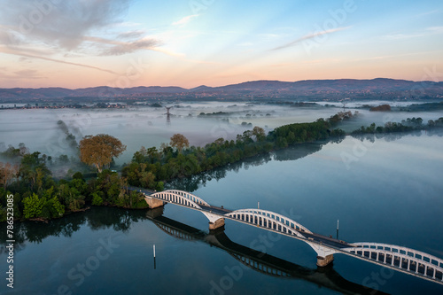Aerial View of Misty Sunrise, River Rhone, Thoissey, Ain, Eastern France photo