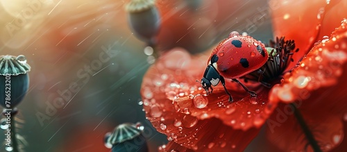 ladybug on a red poppy flower in drops of dew