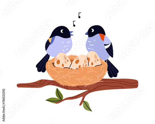 Parent birds serenade at nest vector illustration