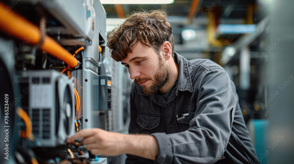 the mechanic of the HVAC system is working on fixing the problem of the fan problem in the machine the mechanic of the HVAC system is working on fixing the problem of the fan problem in the machine