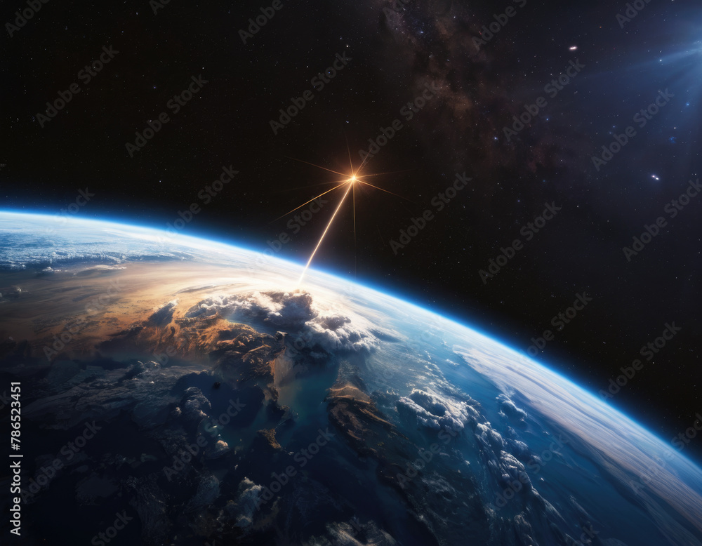 Naklejka premium Rocket launch from the Earth planet through the clouds with a bright glow of the engine on the orbit and a bright blue nebula galaxy.