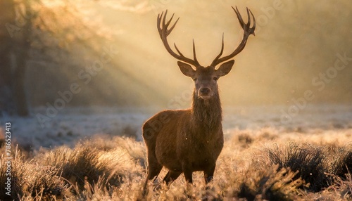 Red deer in the forest with sunrise  photo