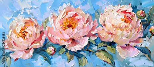 peony flowers on a blue background painted with oil paints.