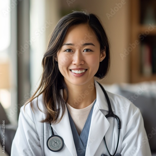 Bright and professional Asian female doctor with stethoscope, office shelving backdrop.