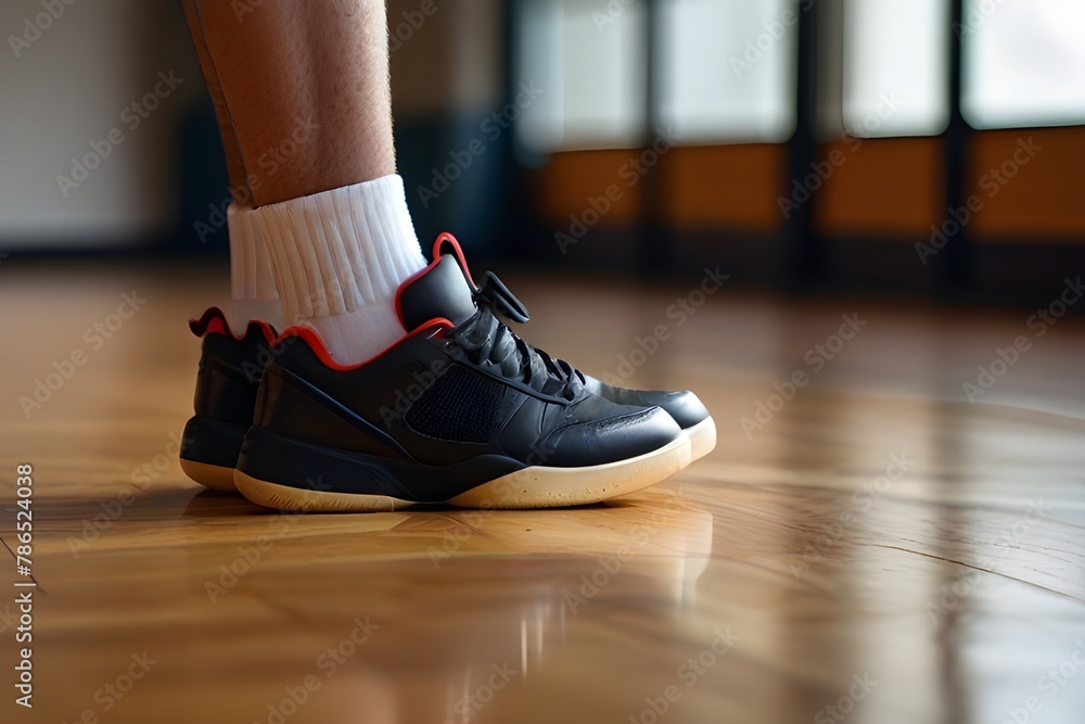 Basketball Shoes and Ball on Wooden Parquet Court. Basketball Basket in the Background.generative.ai