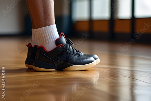 Obraz na płótnie Basketball Shoes and Ball on Wooden Parquet Court. Basketball Basket in the Background.generative.ai w salonie