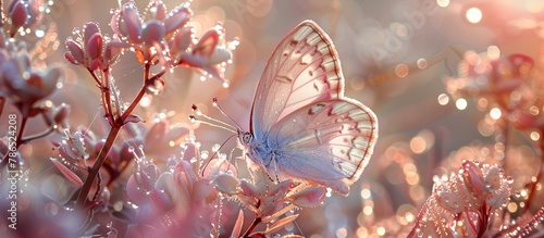 silvery pearl butterfly on delicate pink flowers in drops of dew at sunrise