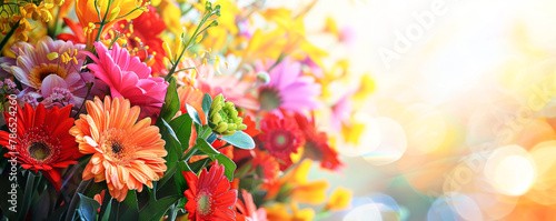 Colorful bouquet of flowers on bokeh background with copy space. Mother's day background. © Pixelmagic