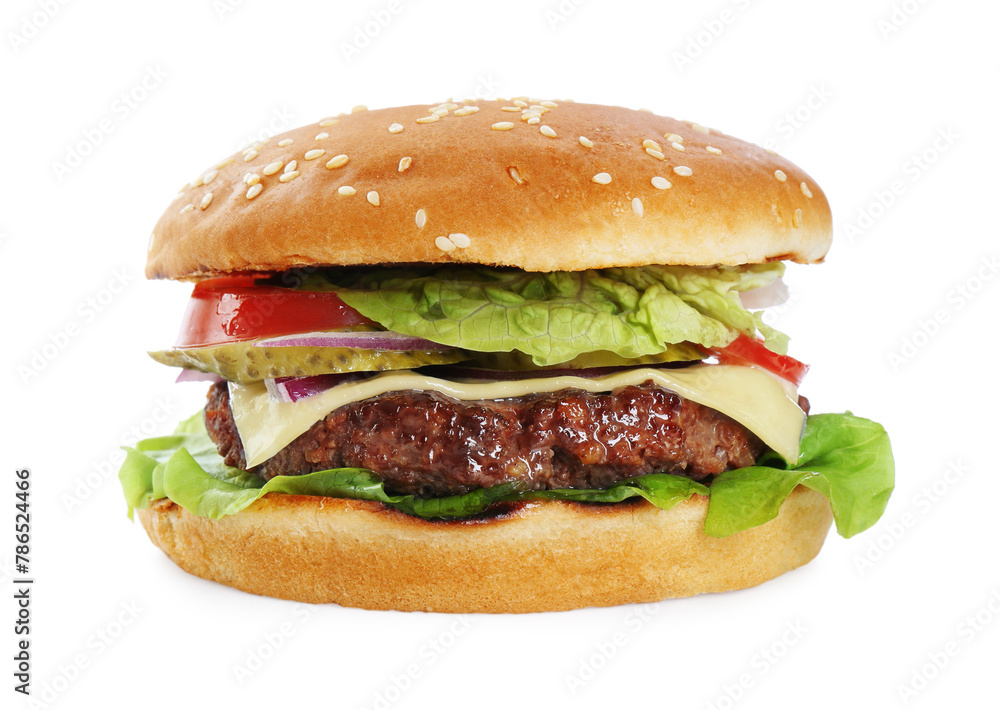 Burger with delicious patty isolated on white Burger with delicious patty isolated on white